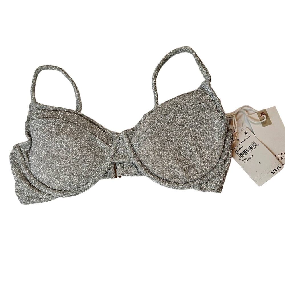 Good American Sparkle Demi Cup Bikini Top Underwire Silver Women's Medium Beach - Picture 2 of 9